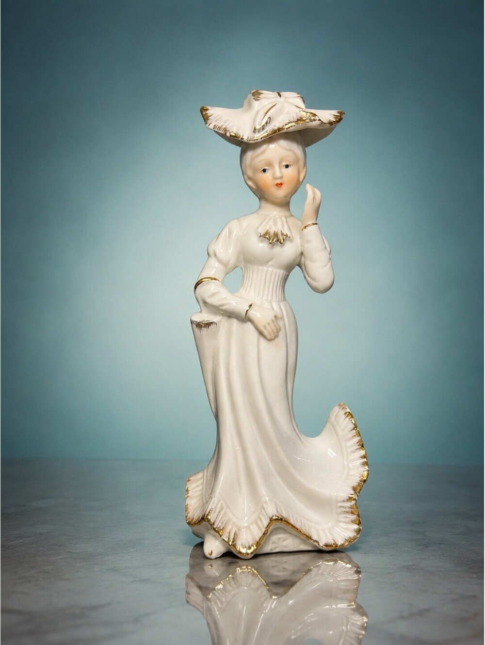 Vintage 1960s Victorian Lady Figurine Blue White Gold Trim, 3x8"